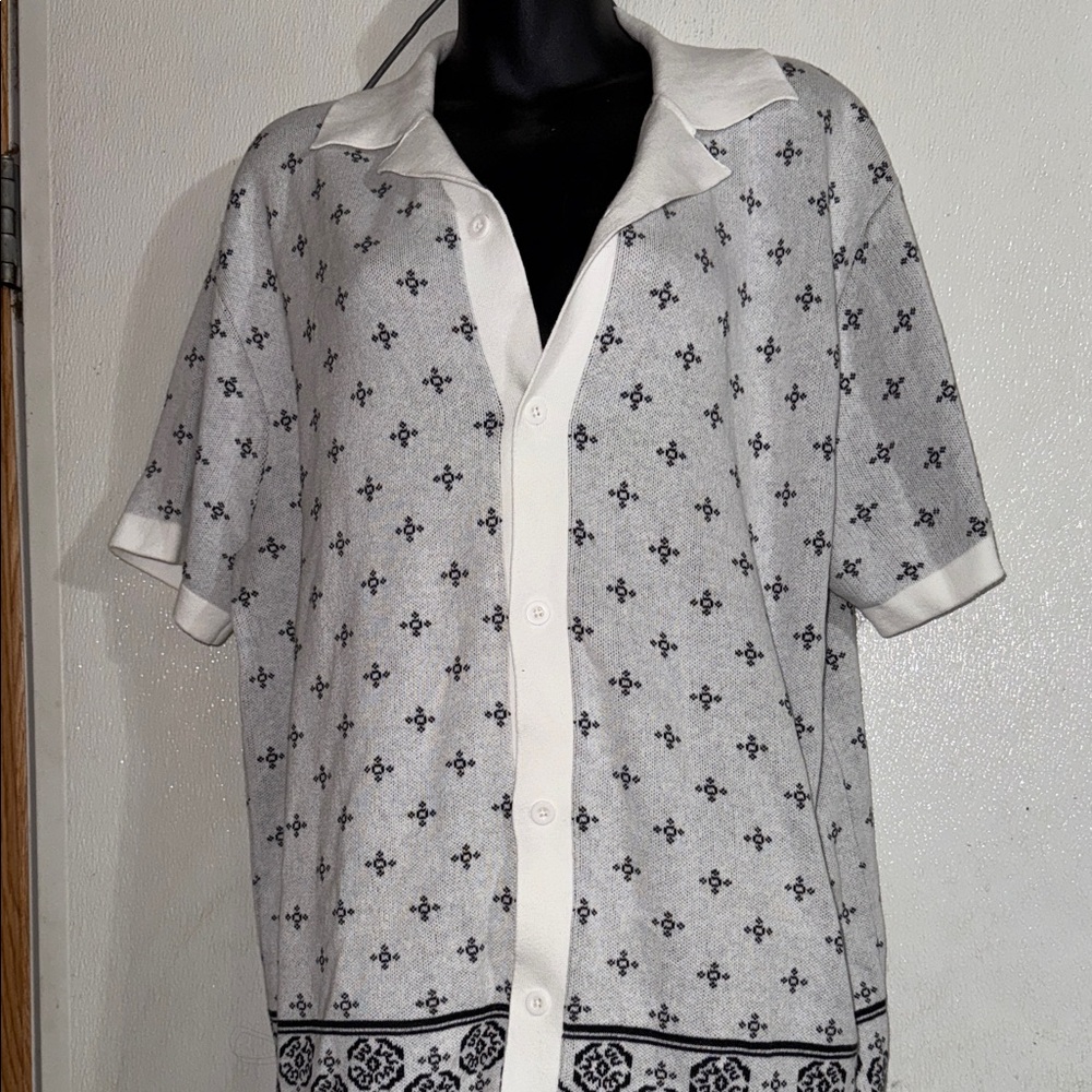 White and Black Patterned Button-Up Shirt
